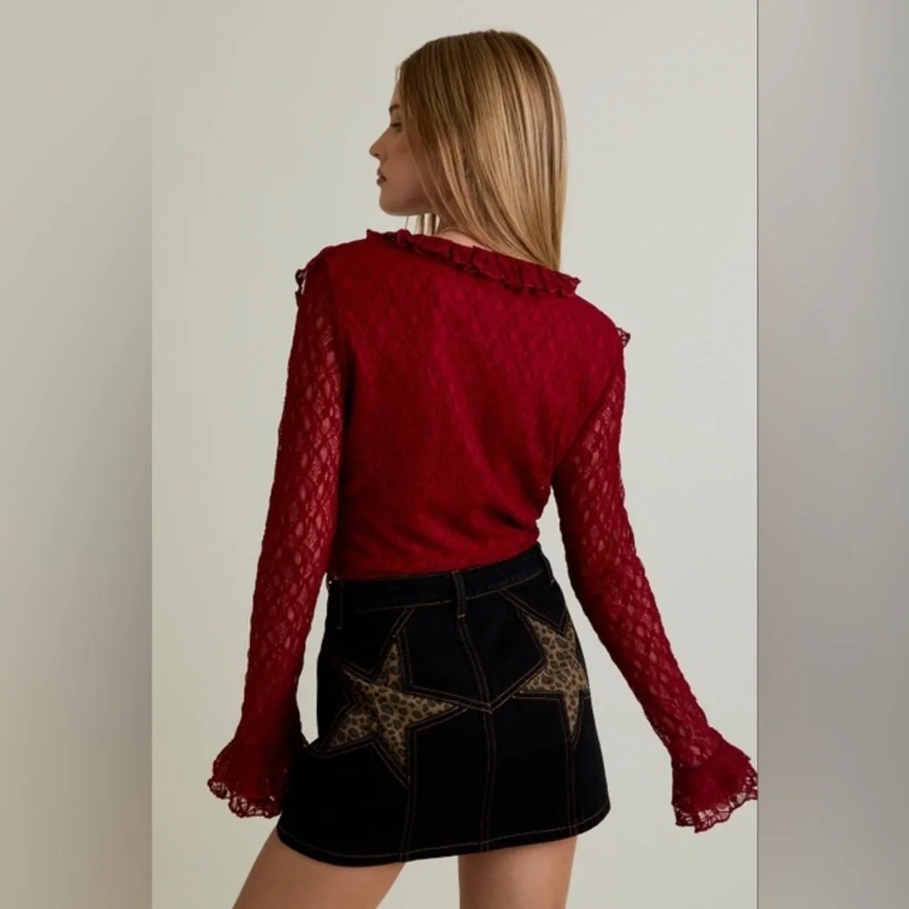 Ruffle Detail Lace V-Neck Top with Bell Sleeves - Le Lis